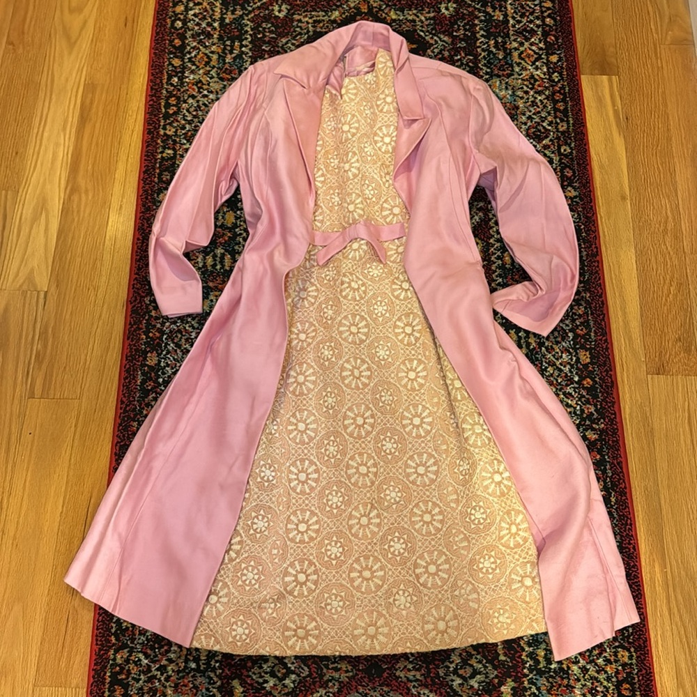 Vintage 1960s Lace Embroidered Ivory and Pink Shift Dress with Jacket Set